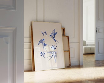 Summer Swallows Blue Klein Print | Botanical Birds Art (Digital Download)