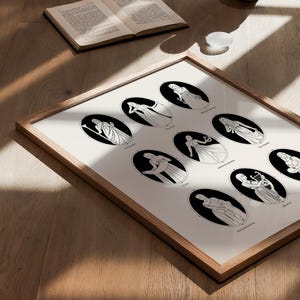 The Nine Greek Muses art printable | Greek Mythology wall art | Ancient Greek Goddesses art print | Black and white print | Digital Download