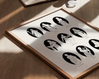 The Nine Greek Muses art printable | Greek Mythology wall art | Ancient Greek Goddesses art print | Black and white print | Digital Download