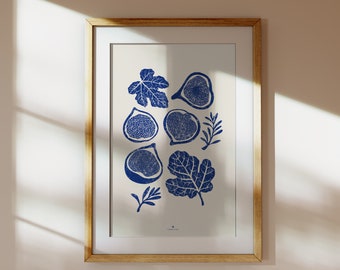 Fig fruit tree painting, Fig printable, Summer fruit art print, Mediterranean decor, Blue art print, Summer printable wall art