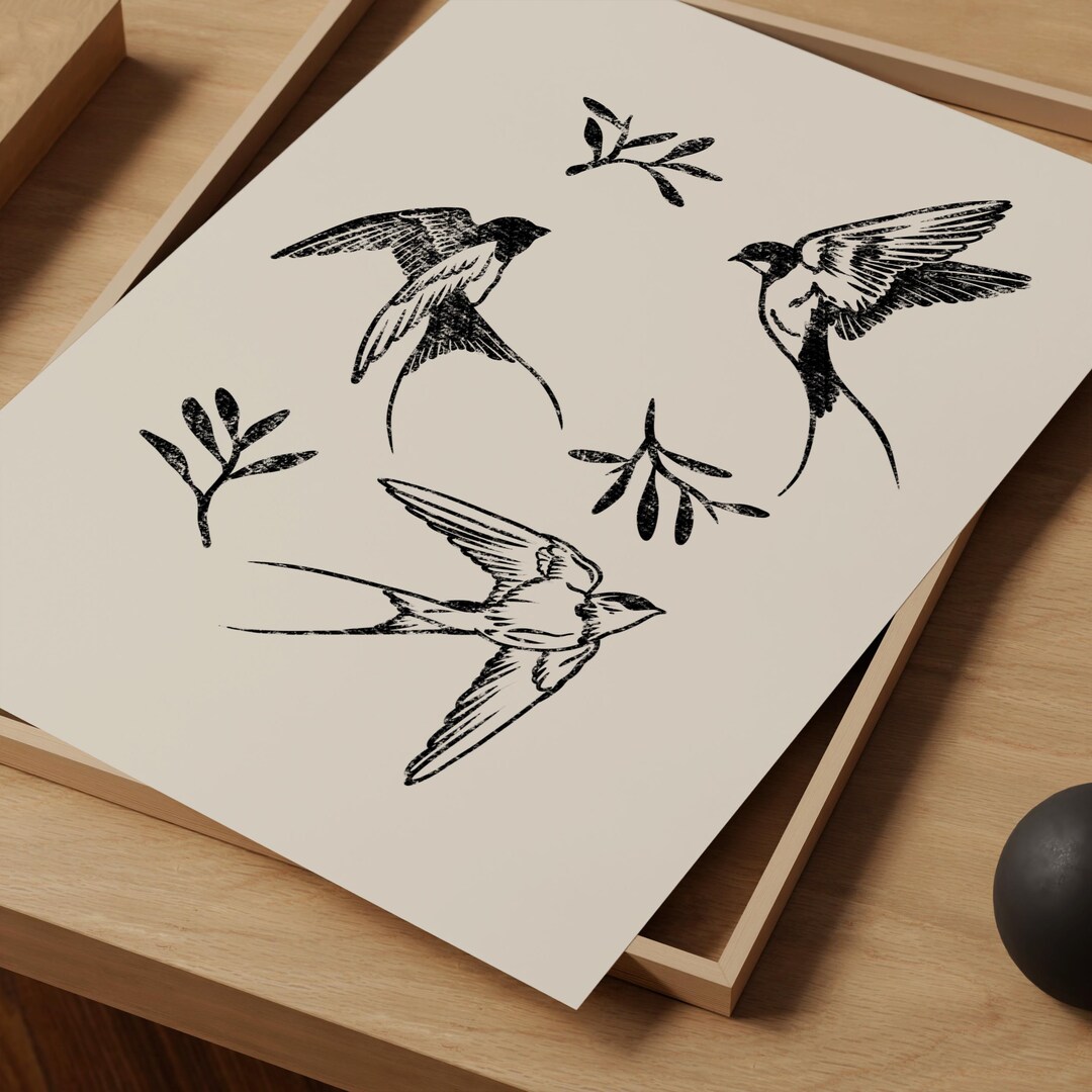 Summer swallows black art printable | Linotype summery print ...