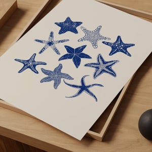 Blue starfish print | Nautical art printable | Coastal aesthetic wall art | Mediterranean summer poster | Starfish linocut digital print