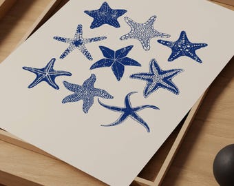 Blue starfish print | Nautical art printable | Coastal aesthetic wall art | Mediterranean summer poster | Starfish linocut digital print