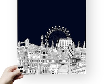 London Skyline Print | Illustration de bâtiments de Londres | London Travel Print