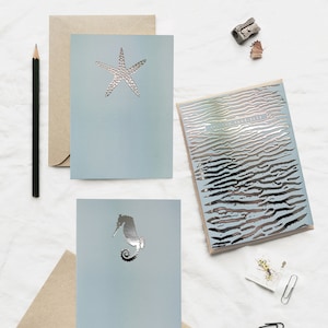 Ensemble de 6 cartes de bord de mer | Cartes maritimes bleues | Cartes étoiles de mer | Cadeau d’amoureux de bord de mer | Carte d’hippocampe