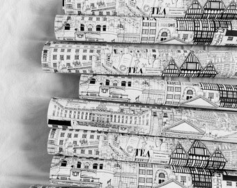 Recyclable Wrapping Paper | Iconic London Architectural Landmarks | City Illustration | Eco Friendly Gift Wrap | Monochrome London