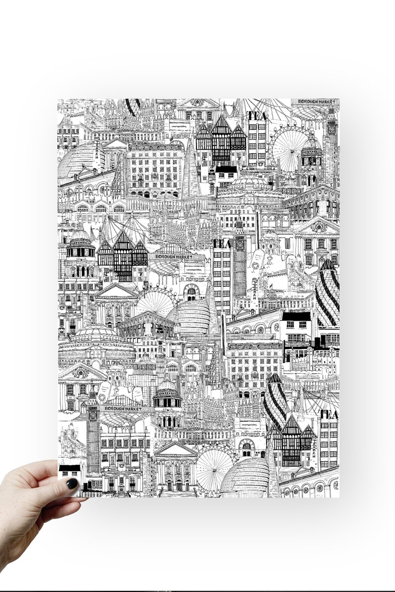 K&ouml;nnte beinhalten: Eine Schwarzwei&szlig;-Zeichnung verschiedener Londoner Sehensw&uuml;rdigkeiten, darunter das London Eye, der Borough Market und der Shard. Die Zeichnung ist eine Collage aus verschiedenen Geb&auml;uden und Strukturen, die ein gesch&auml;ftiges und komplexes Design ergeben.