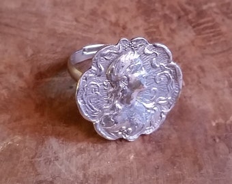 Creation - Art Nouveau silver metal ring with portrait of flower woman