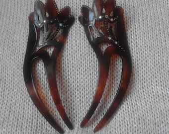 Pair of old hairpins bakelite plant forms with golden ornaments and colored rhinestones