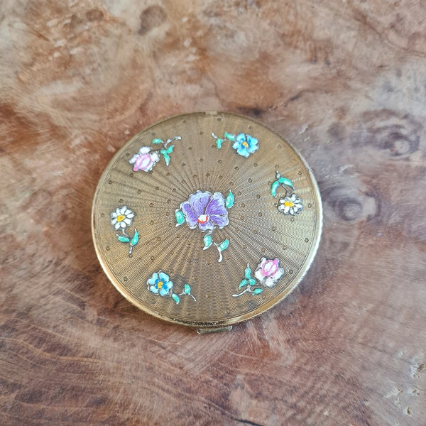 Poudrier compact ancien rond doré avec fleurs peintes