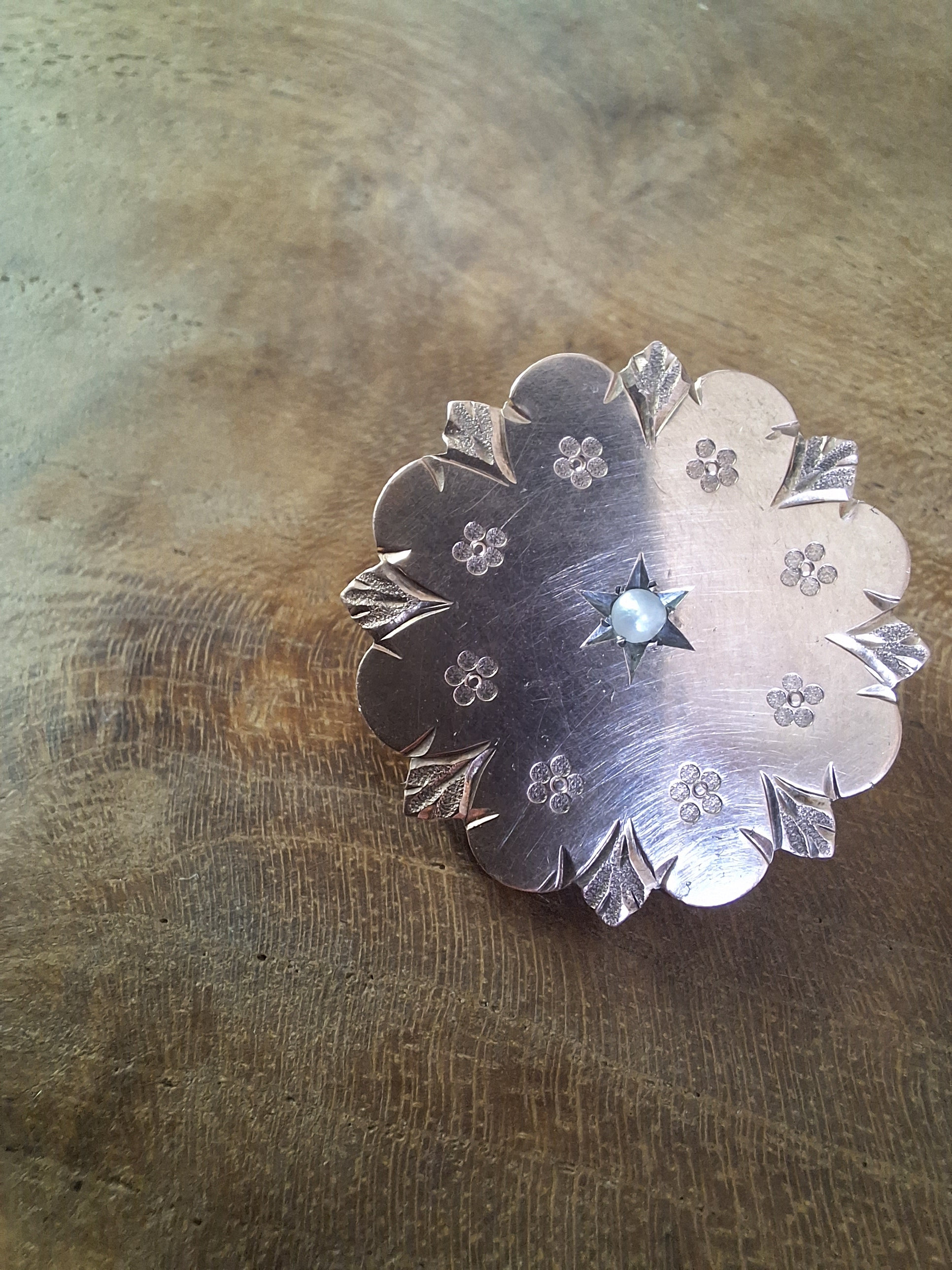 Belle Broche Ancienne XIXe En Argent Vermeil Rose - Porte-photo Ou Cheveux - État Vintage