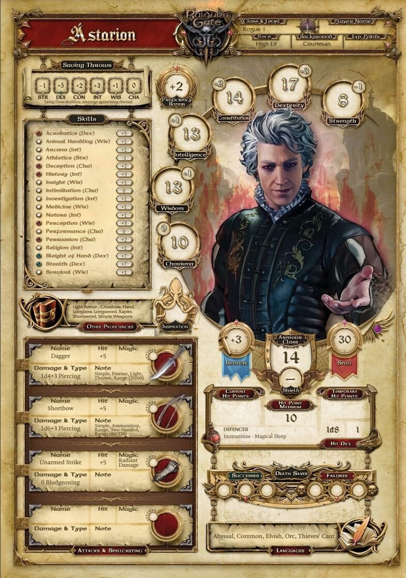 Baldur's Gate 3 Digital Character Sheets for Astarion. for Digital