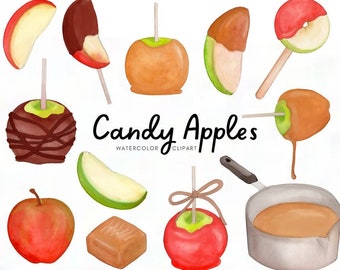 Candy apple clip art - Watercolor caramel apples - fall treat clipart - halloween clipart - apple clipart - watercolor fruit - download