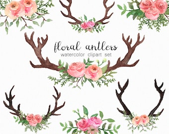 Watercolor antlers - floral antler clipart - watercolor florals - spring clip art - watercolor greenery - instant download - Commercial Use