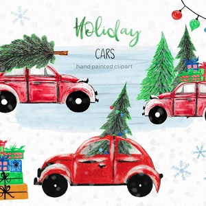 Handpainted - Christmas Cars Clipart - Winter Clipart - Christmas Beetle- Holiday clipart - holiday cars - instant download - Commercial Use