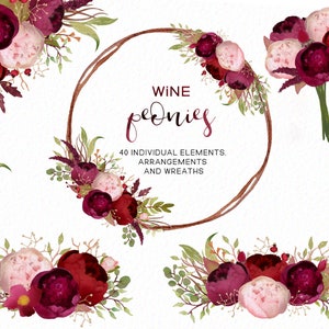 Handpainted - Burgundy wine peonies - floral clipart - watercolor flowers - botanical stems - floral wreath invites instant  - Commercial