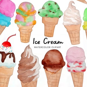 Handbemalte Eistüte Clipart - Aquarell Eis - Softeis Clipart - Sommer Clipart - Dessert Clipart - Gefrorener Leckerbissen - Download