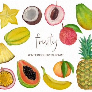 May include: Watercolour clipart of various fruits, including a pineapple, papaya, starfruit, lychee, guava, and a banana. The fruits are painted in a realistic style with vibrant colours.