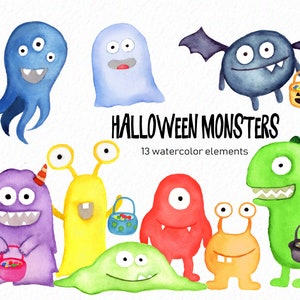 Clipart monstre d'Halloween peint à la main – Des bonbons ou un sort aquarelle (téléchargement numérique)