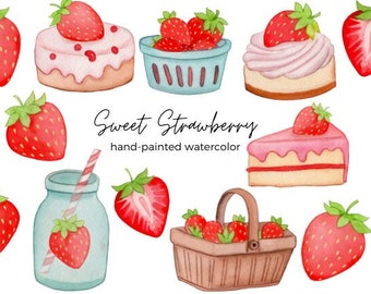 Imágenes prediseñadas de fresas - Fresas de acuarela - Imágenes prediseñadas de postres - Postres de fresa - Imágenes prediseñadas de pasteles - Instantáneo - Uso comercial