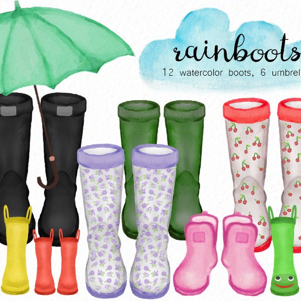 Watercolor rainboots - rainboot clip art - spring clip art - rainy day clipart - instant download - Commercial Use