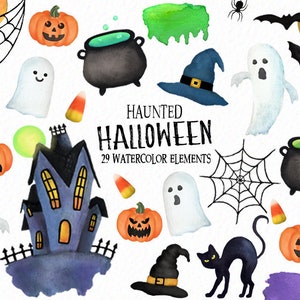 May include: A set of 29 watercolor Halloween clipart elements, including ghosts, pumpkins, a haunted house, a witch's hat, a black cat, cauldrons, candy corn, and spiderwebs. The elements are painted in a whimsical style with vibrant colors.