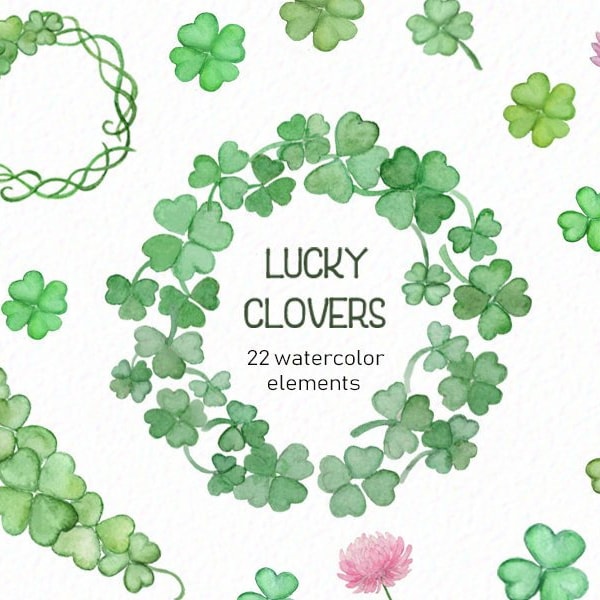 Watercolor clovers- lucky clover clipart - greenery- st patricks clipart - four leaf clover - floral- instant download - Commercial use