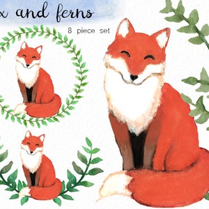 Clipart renard peint à la main, renard aquarelle, fougères aquarelles, clipart animal, carte de baby shower, verdure aquarelle, téléchargement - usage commercial