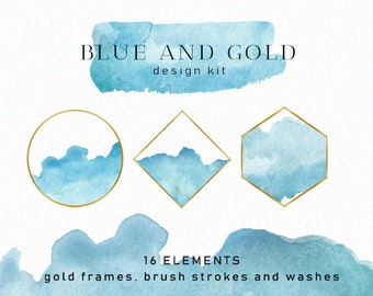 Blue and Gold Watercolor - Blue Brush strokes - Watercolor brush clipart - branding - logo designs - instant download - Commercial Use