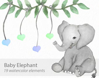 May include: A watercolor illustration of a baby elephant sitting with its trunk raised. The elephant is gray with a light pink blush on its cheeks. The elephant is surrounded by a green vine with blue and green hearts hanging from it. The text "Baby Elephant" and "19 watercolor elements" is below the elephant.