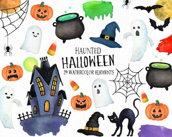 Halloween clipart - Spooky clipart - haunted - watercolor halloween - pumpkin clipart- jack-o-lantern - ghosts - witch - instant download
