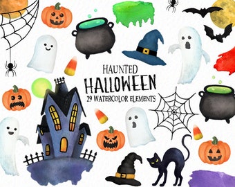 Halloween clipart - Spooky clipart - haunted - watercolor halloween - pumpkin clipart- jack-o-lantern - ghosts - witch -  download