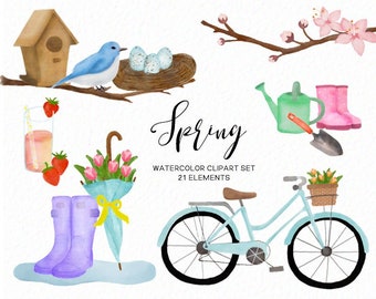Spring clipart - Watercolor rainboots springtime - vintage bike - tulip clip art - gardening rainy day - download - Commercial Use