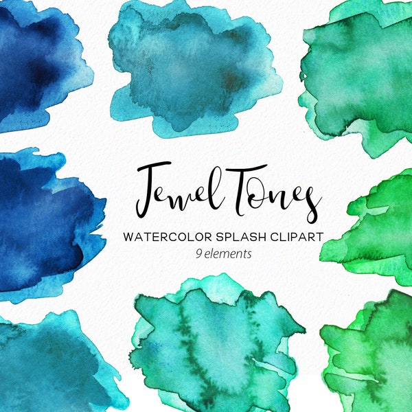 Jewel Tone Watercolor - Blue and Green strokes - Watercolor splash clipart - teal clipart - wedding logo instant download - Commercial Use