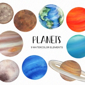 Handpainted Watercolor Planet clipart - Space clipart - jupiter mars earth saturn uranus neptune pluto venus - outer space -download