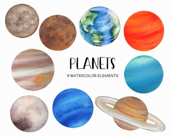 Handpainted Watercolor Planet clipart - Space clipart - jupiter mars earth saturn uranus neptune pluto venus - outer space -download