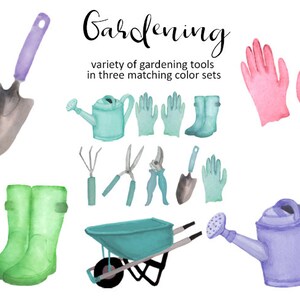May include: A set of gardening tools in three color sets: pink, blue, and green. The tools include a watering can, gloves, a trowel, a wheelbarrow, a rake, pruning shears, and boots.