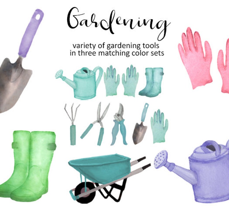 May include: A set of gardening tools in three color sets: pink, blue, and green. The tools include a watering can, gloves, a trowel, a wheelbarrow, a rake, pruning shears, and boots.