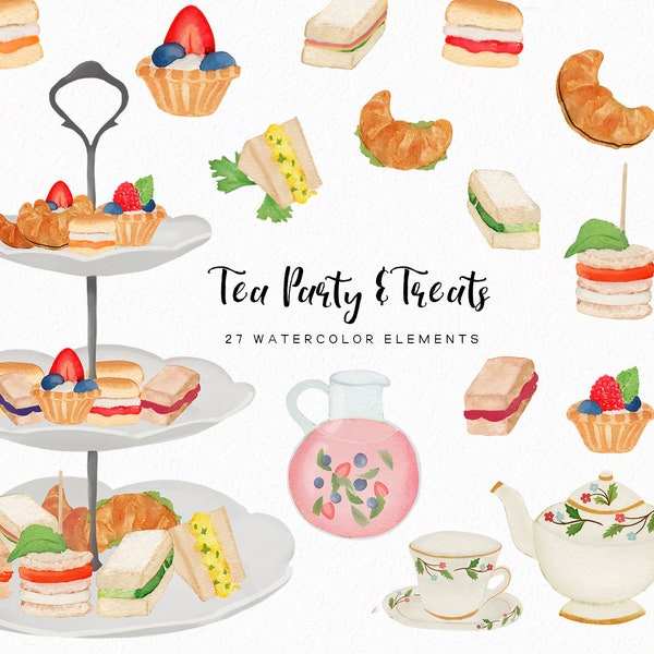 Tea Party Clipart - watercolor tea party - tea, treats, cakes, sweets, mini sandwiches, dessert tray, party -download - Commercial Use
