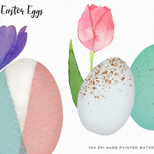 May include: Easter Eggs watercolor illustration featuring three eggs with different designs: one with a blue and pink watercolor pattern, one with a light blue speckled with gold, and one with a solid teal blue. A pink watercolor tulip with green leaves is also included.