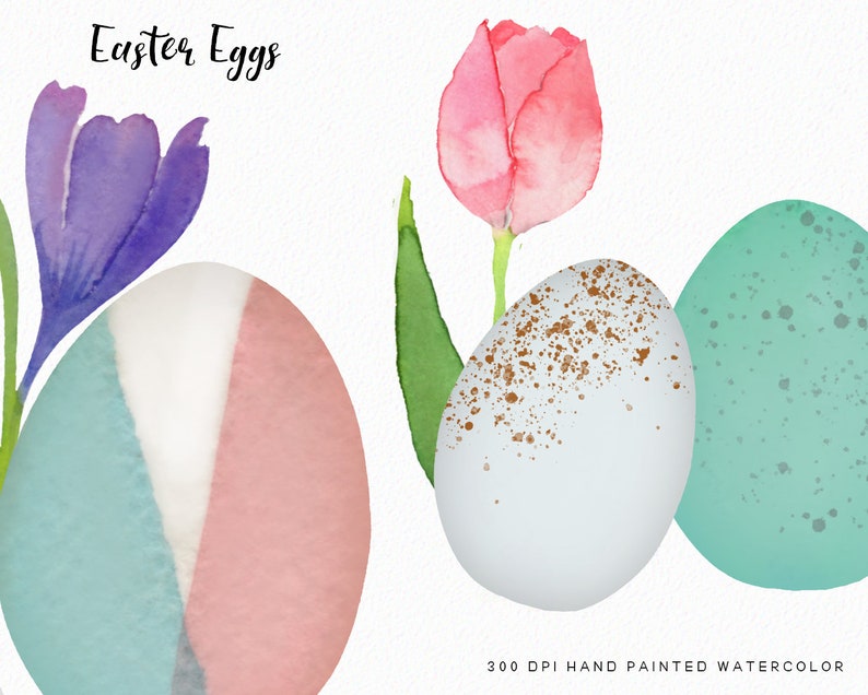 May include: Easter Eggs watercolor illustration featuring three eggs with different designs: one with a blue and pink watercolor pattern, one with a light blue speckled with gold, and one with a solid teal blue. A pink watercolor tulip with green leaves is also included.