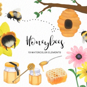 May include: Watercolor illustration of honeybees, a honeycomb, a beehive, a jar of honey, a daffodil, and two flowers. The text "Honeybees" and "19 Watercolor Elements" are also included in the image.