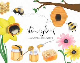 May include: Watercolor illustration of honeybees, a honeycomb, a beehive, a jar of honey, a daffodil, and two flowers. The text "Honeybees" and "19 Watercolor Elements" are also included in the image.