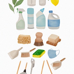 Cleaning clip art Watercolor cleaning supplies book clipart cleaner mask clipart broom mop clipart download Commercial image 2