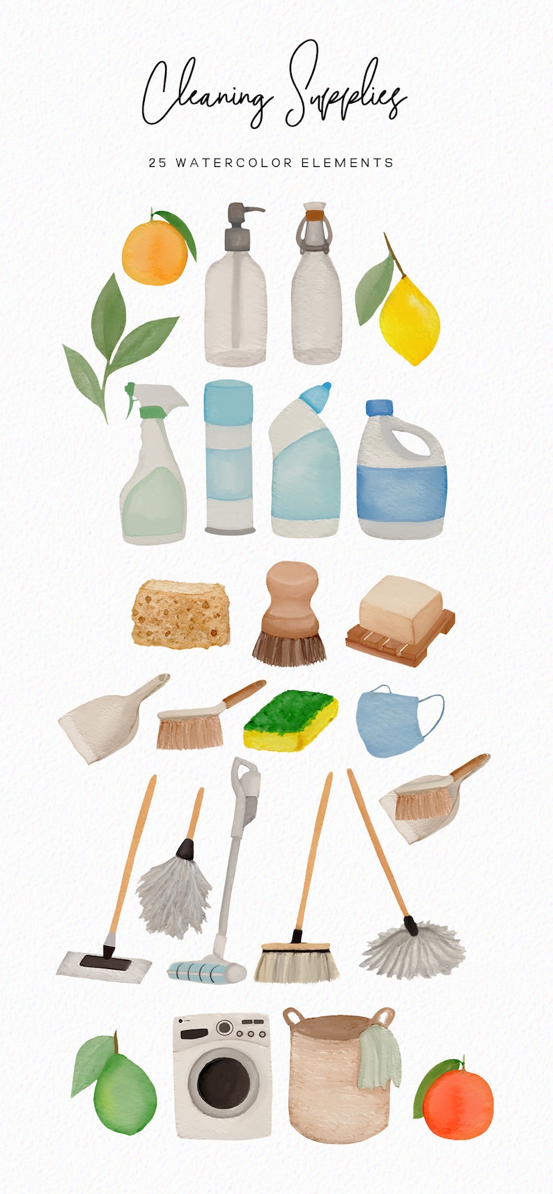 Cleaning clip art Watercolor cleaning supplies book clipart cleaner mask clipart broom mop clipart download Commercial image 2