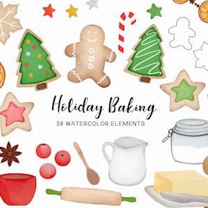 Handpainted Holiday Baking Clipart - Watercolor Christmas Clipart - Winter Clipart - Christmas Cookies - gingerbread -  download Commercial