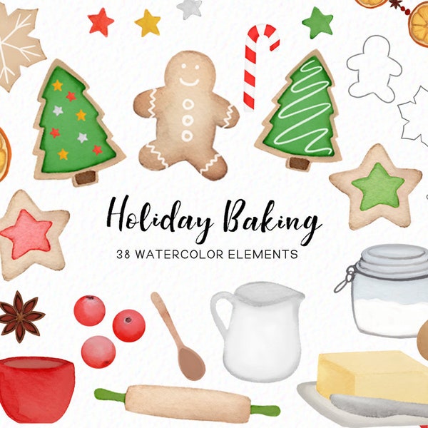 Holiday Baking Clipart - Watercolor Christmas Clipart - Winter Clipart - Christmas Cookies - gingerbread - instant download - Commercial Use