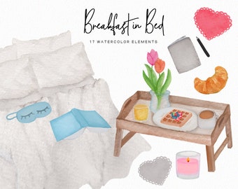 Breakfast in Bed clip art - Mother's Day clipart -  valentine's clipart - love clipart  - book clipart - bed clipart - download - Commercial