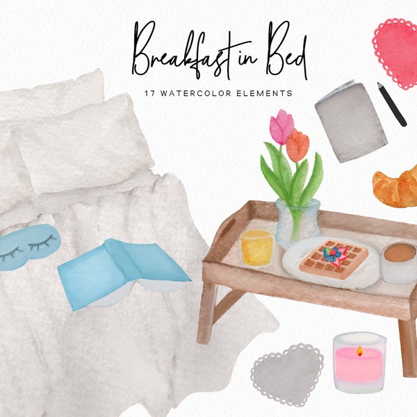 Breakfast in Bed clip art - Mother's Day clipart -  valentine's clipart - love clipart  - book clipart - bed clipart - download - Commercial