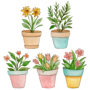 Puede incluir: Cinco ilustraciones de acuarela de macetas con diferentes plantas. Las macetas son de varios colores, incluyendo amarillo, azul, rosa y marr&oacute;n. Las plantas incluyen flores amarillas, helechos verdes, flores rosas y tulipanes naranjas.